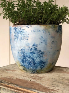 Vintage Flow Blue Flower Pot Using IOD Rose Toile Stamp