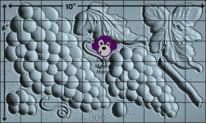 IOD Grapes Mould with a six by ten grid laid over an image of the mould to show the approximate measurement of the elements within the mould.