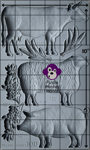 The IOD Village Market mould with a six by ten inch grid laid over it to give approximate measurements of each element of the mould.